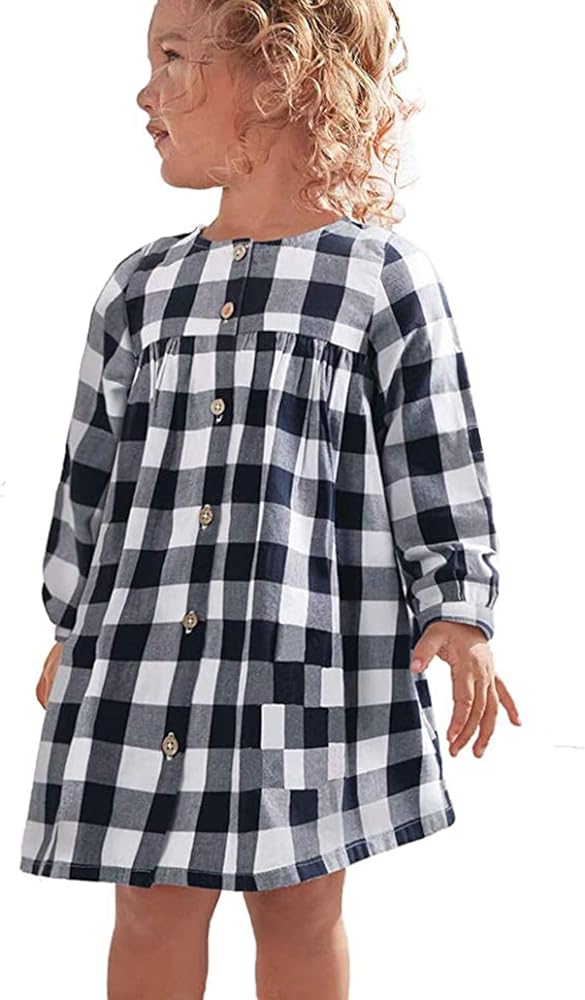 KYMIDY Girls Casual Dress Long Sleeve Buffalo Check Black White Plaid Dresses for Kids 2-8 Years