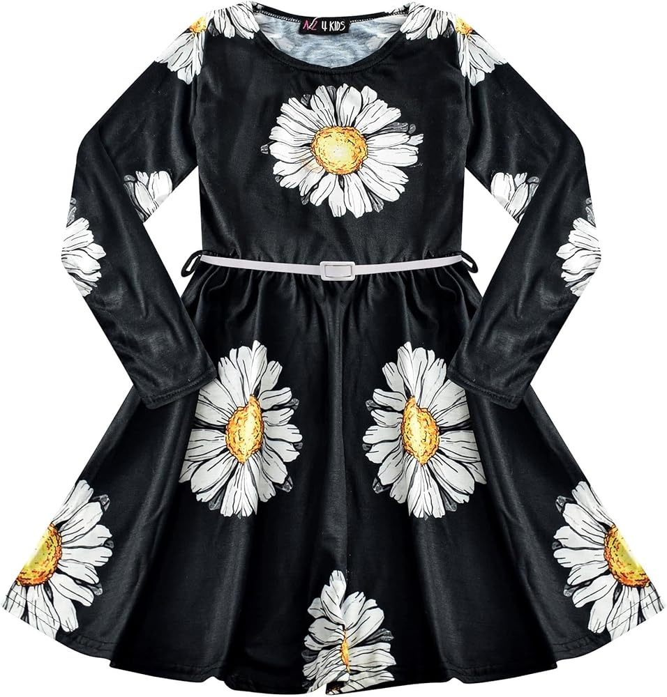 Kids Girls Skater Dress Long Sleeves Daisy Flower Print Dance Party Summer Dress