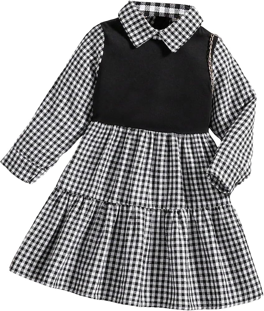 MakeMeChic Girl's Plaid Print Long Sleeve Collar Neck Ruffle A Line Mini Short Dress