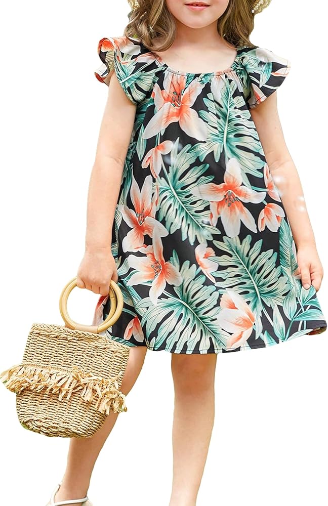 Girls Tropical Print Round Neck Ruffle Trim Short Sleeve Loose Fit Dress