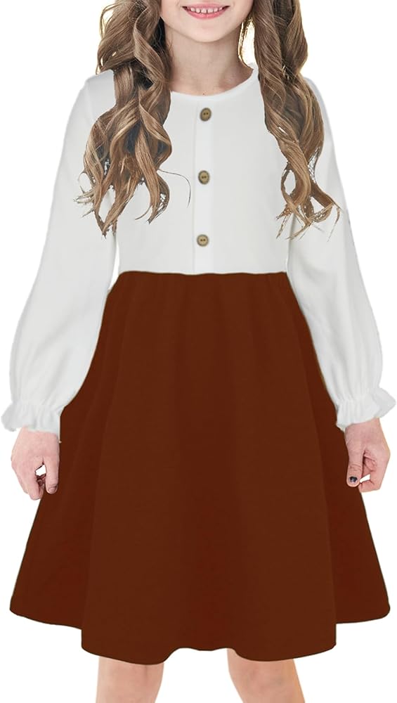 Spring Dresses for Girls 10-12 Long Sleeve White Top and Brown Blue Skirted Church Party Kids Western Dress 11 Year Old