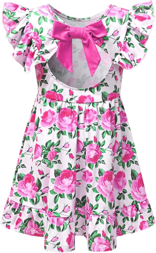 Jxstar Girls Floral Dress Kids Summer Backless Flutter Sleeve Dresses Swing Midi Party Clothes