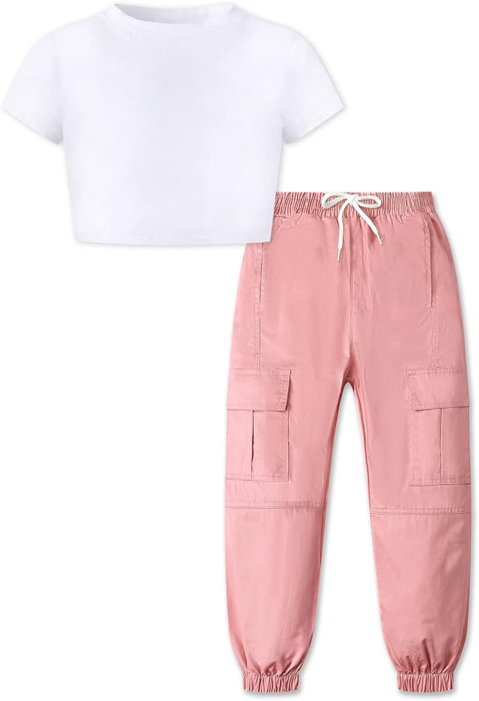 Betusline Girls & Women 2 Piece Outfits, Short Sleeve Crop Top Cargo Pants Trendy Clothing Sets, 4T- Women XL