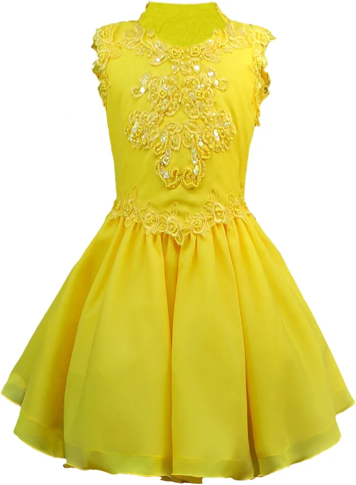 Girl Flower Pageant Wedding Dresses Sequins Beads Embroidered Trim Yellow (7)