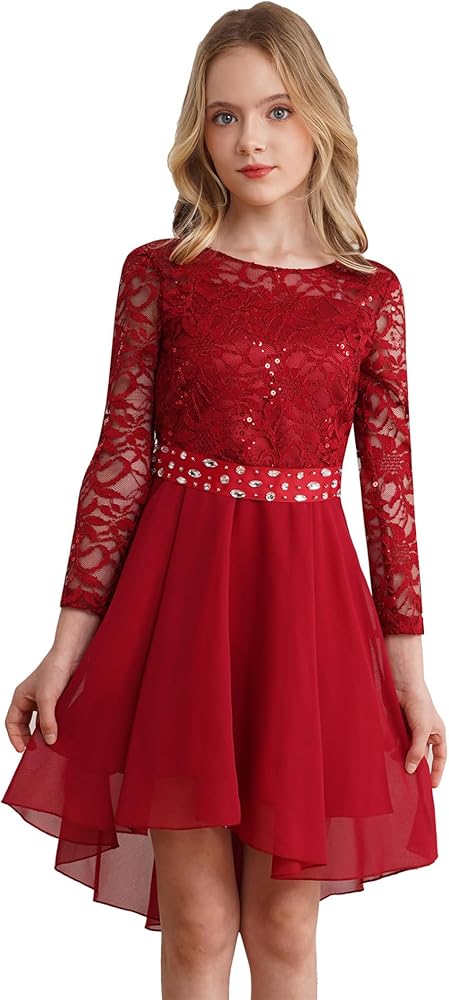 Hularka Kids Girls Floral Lace Chiffon Wedding Bridesmaid Dresses Shiny Rhinestones Flower Girl High-Low Dress