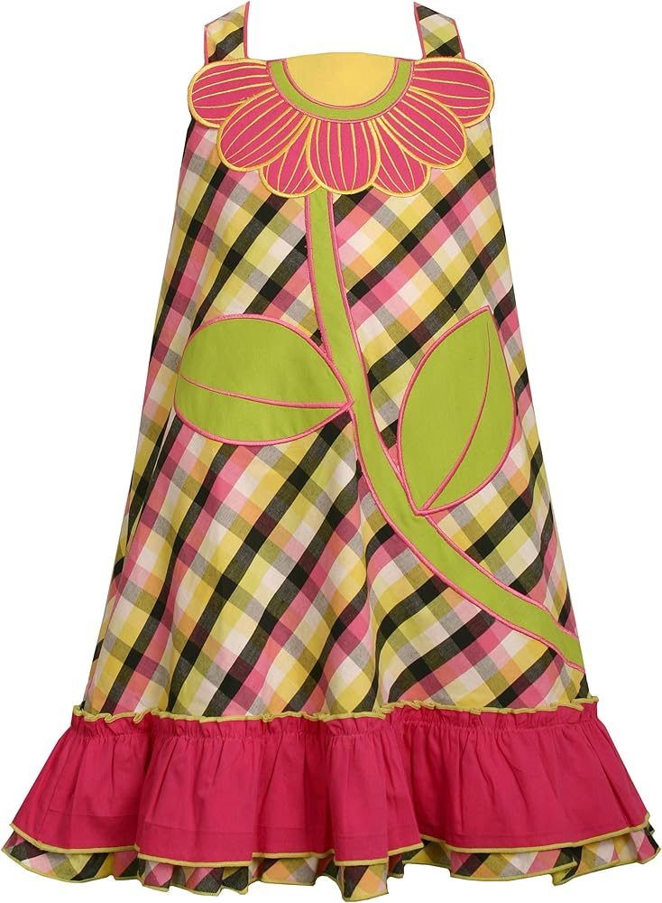 Bonnie Jean Little Girls' Black/Fuschia/Yellow Yarndye Plaid Sundress With Large Flower Applique.