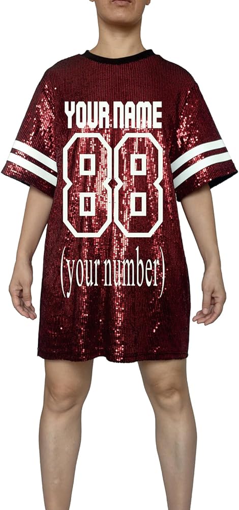 Whitewed Customized Number Name Sequin Jersey Dress Shirt for Adult Women Birthday Gifts Games Day