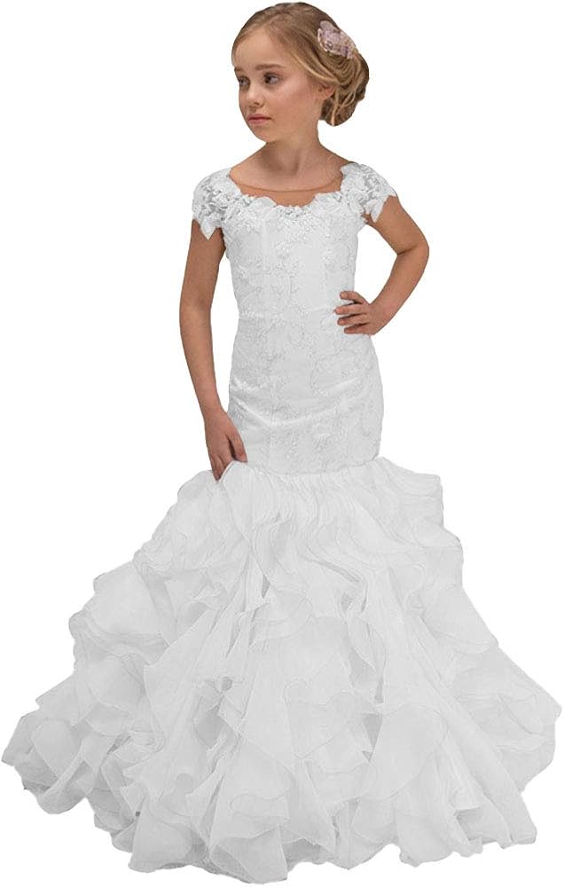 Girl's Mermaid Flower Girls Dresses for Weddings Short Sleeves Prom Party Long Communion Gowns