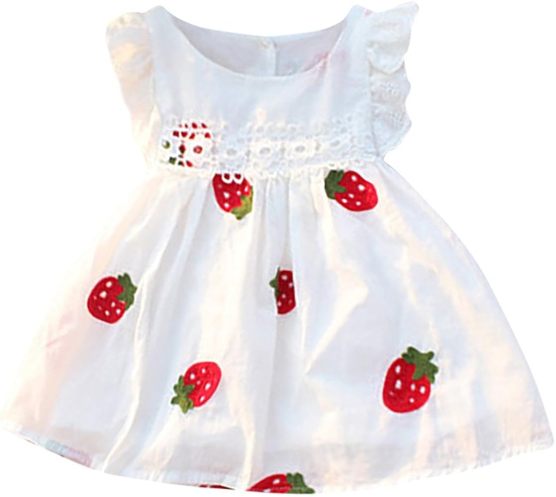 Baby Girls Floral Strawberry Embroidery Sleeveless Lace Dresses Fashion Fly Sleeve Swing Tank Top Dress for 0-4 Years