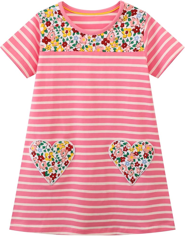 HILEELANG Toddler Girls Short Sleeve Dress Easter Cotton Casual Summer Appliques Shirt Jersey Dresses