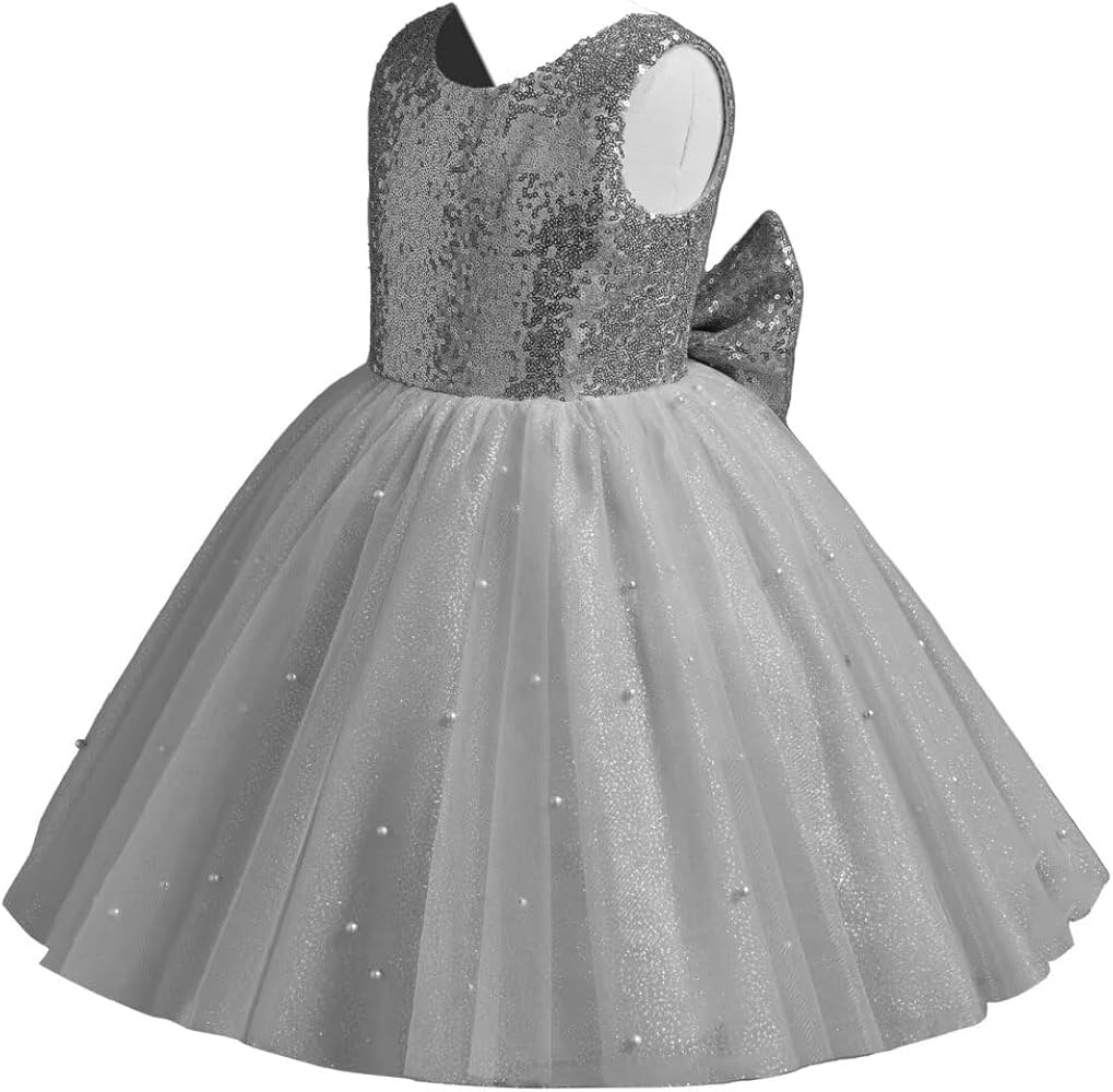 Sequin Flower Girl Dress for Wedding Pearls Tulle Glitter Pageant Tutu Dress Princess Birthday Prom Gowns with Bow