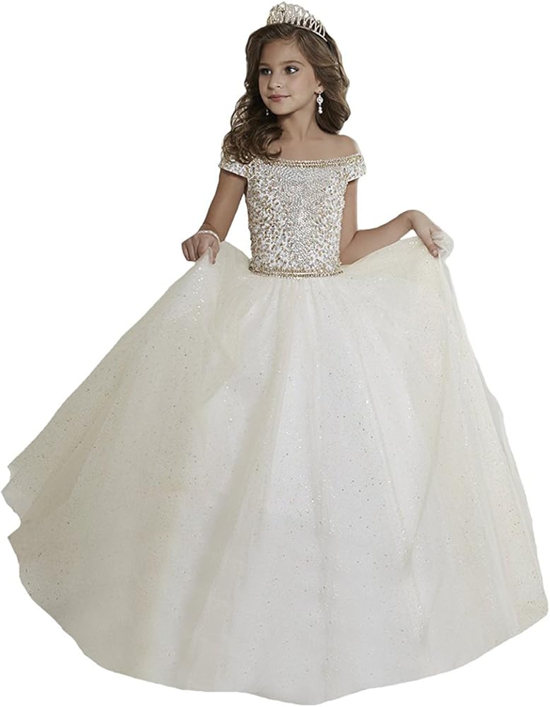 WZY Girls Illusion Rhinestone Beading Ruffled Christmas Ball Gown Princess Pageant Dress (14, White)