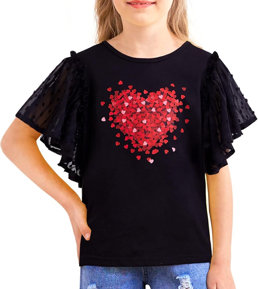 Girls Graphic Tees Chiffon Sleeve T-Shirts Round Neck Cotton Loose Soft Summer Shirts Tops Blouses for 5-14 Years