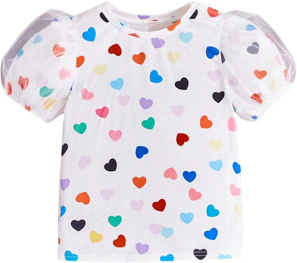 OYOANGLE Girl's Cute Top Heart Print Mesh Short Sleeve T Shirts Crew Neck Summer Blouse