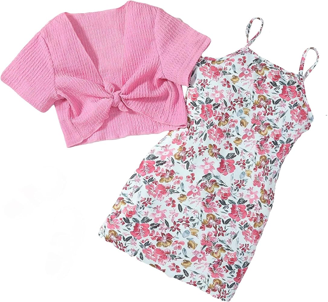 OYOANGLE Girl's 2 Piece Dresses Sets Floral Cami Dresses and Short Sleeve Lettuce Trim Tie Top Sets