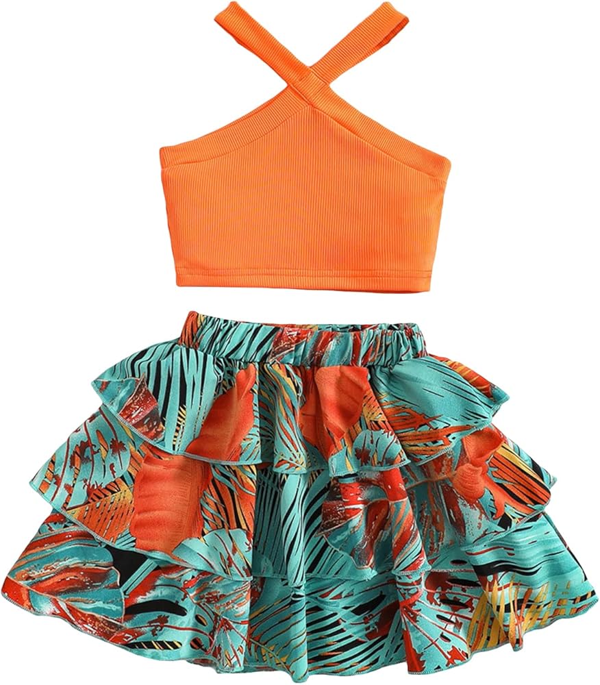 MakeMeChic Girl's Summer 2 Piece Outfit Criss Cross Halter Top Tropical Print Layered Skirt Set