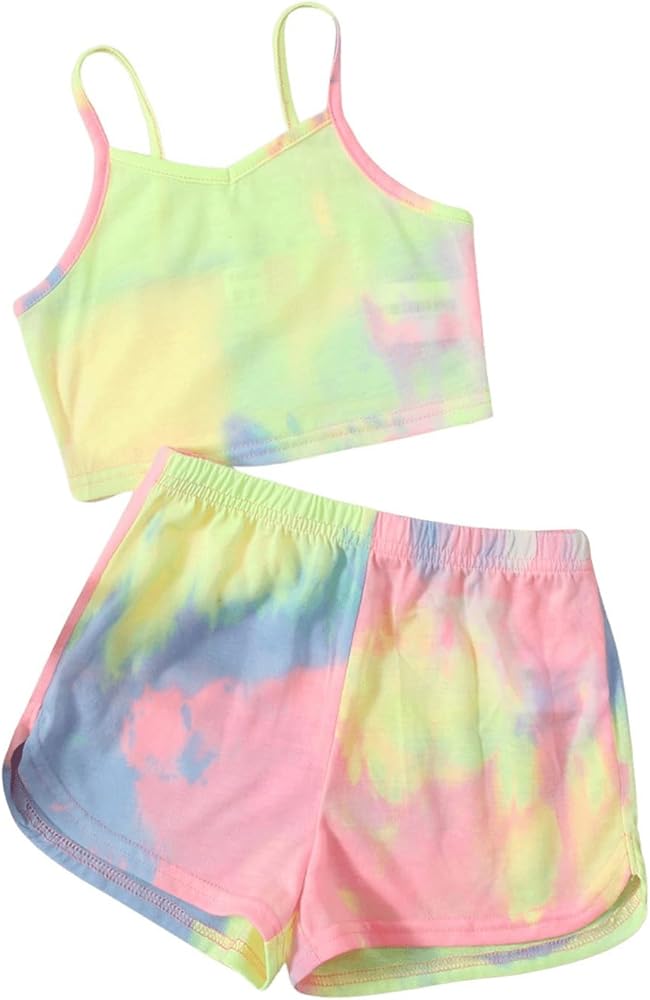 SweatyRocks Girl's Tie Dye 2 Piece Outfits Sleeveless Spaghetti Strap Cami Top and Shorts Set