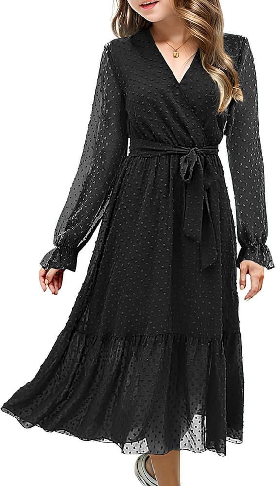 Girls Boho Maxi Dresses Long Sleeve Casual Swiss Dot Wrap V Neck Swing A-Line Pleated Flowy Dresses for Girls