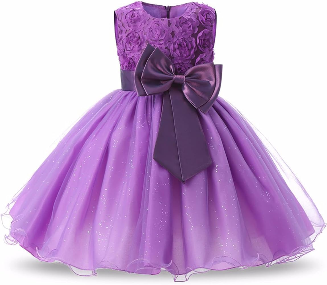 Acecharming Flower Girls Dress, Toddler Purple Tulle 3D Rose Bow-Knot Sleeveless Tutu Dress Girls Kids Birthday Wedding Formal Gown Pageant Princess Party Dress for Girls 3-16 Years