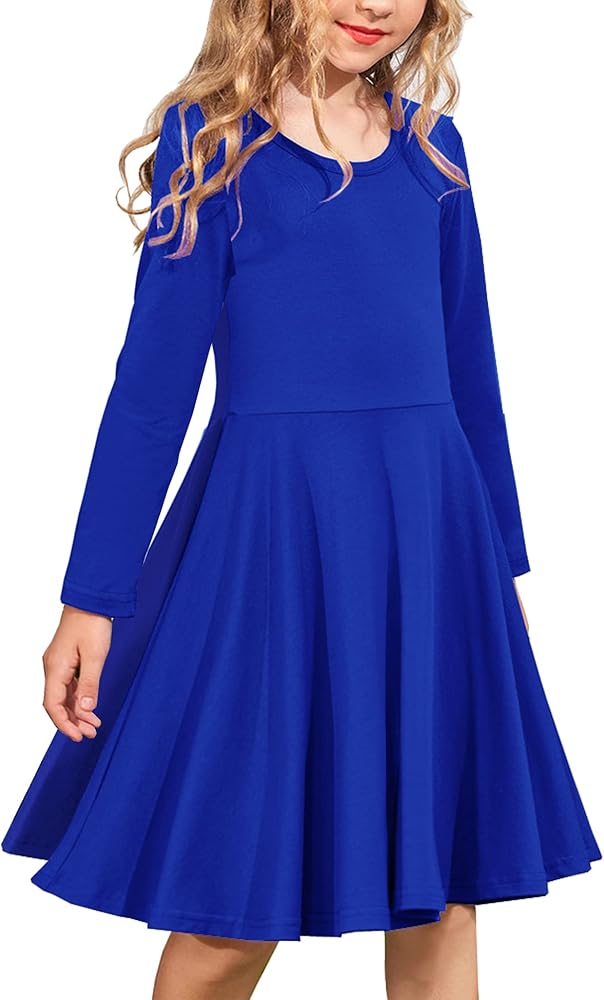 Arshiner Girls Long Sleeve Stretchy Dress A line Twirly Skater School Party Dress