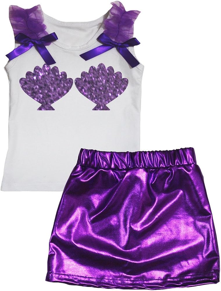 Petitebella Mermaid Shells White Cotton Shirt Purple Bling Skirt Set 1-8y