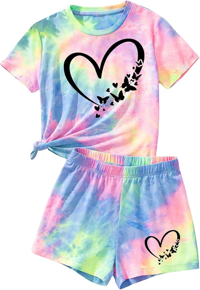 SHENHE Girl's 2 Piece Heart Print Tie Dye T Shirt Tops and Elastic Waist Summer Shorts Set