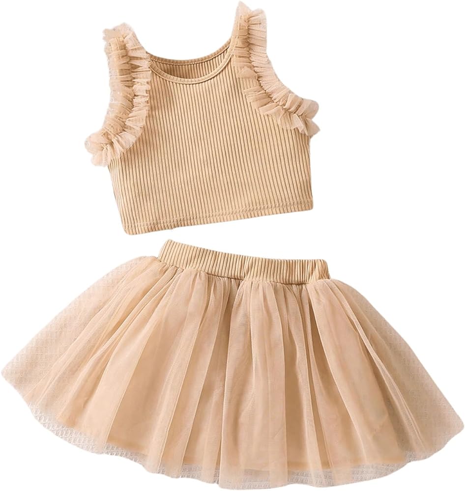 Girl's 2 Piece Cute Sleeveless Round Neck Frill Trim Tank Top and Contrast Mesh Skirt Sets