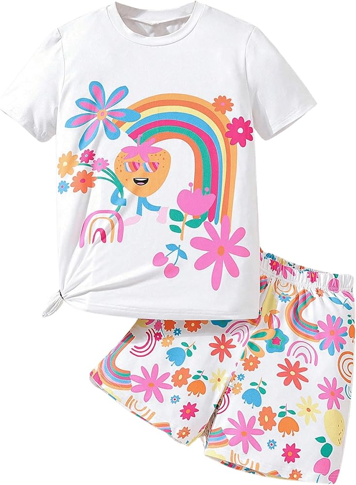 Floerns Girl's 2 Piece Outfit Cartoon Print Tee Shirt and Track Shorts Set