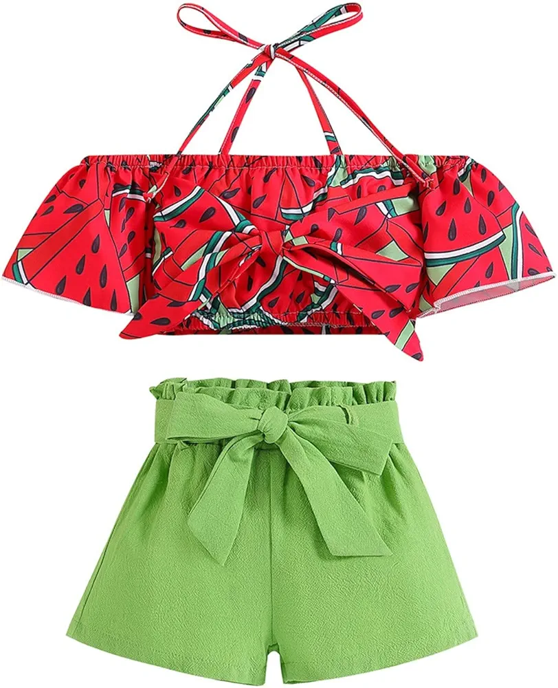 Baby Girl Clothes Toddler Girl Summer Outfits Tie Neck Halter Shirts Crop Tank Tops Shorts Set Little (Green, 5-6 Years)