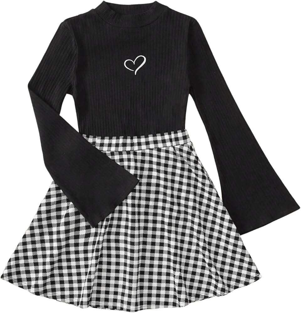 SOLY HUX Girl's 2 Piece Outfits Heart Print Long Sleeve Tee and Plaid Skirt Set