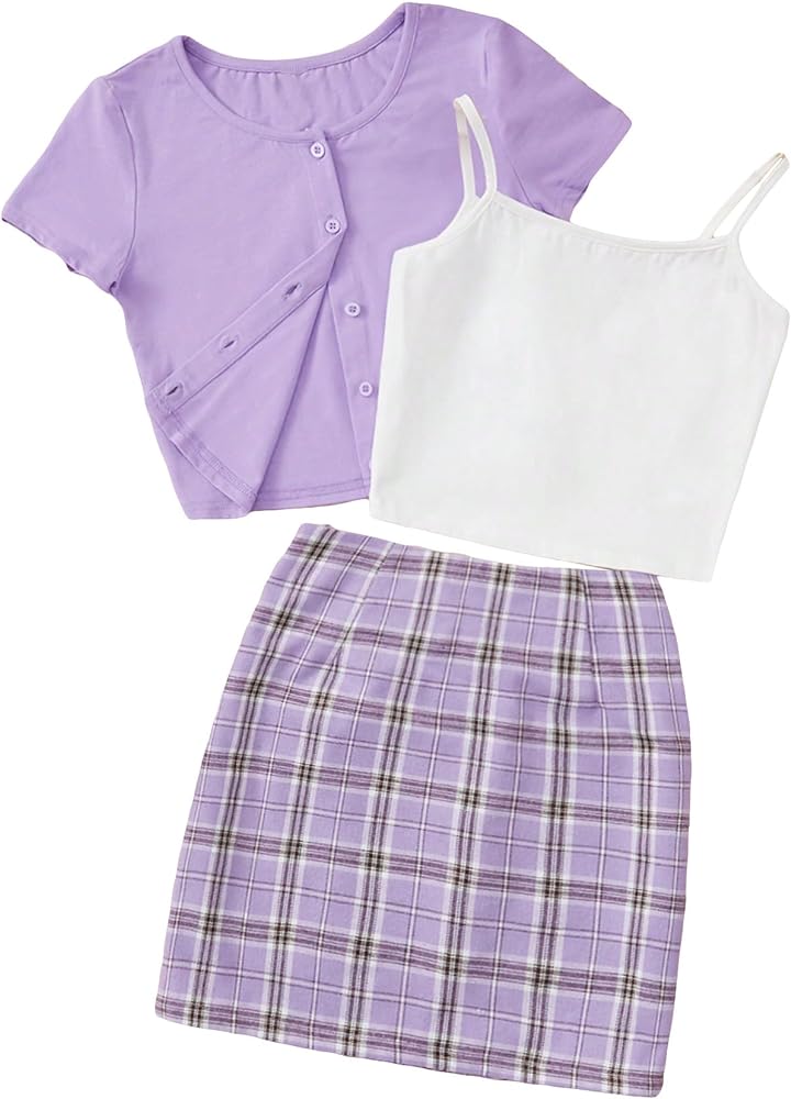 Milumia Girl's 3 Piece Outfits Button Up Short Sleeve T Shirt and Plaid Skirt Set with Cami Top