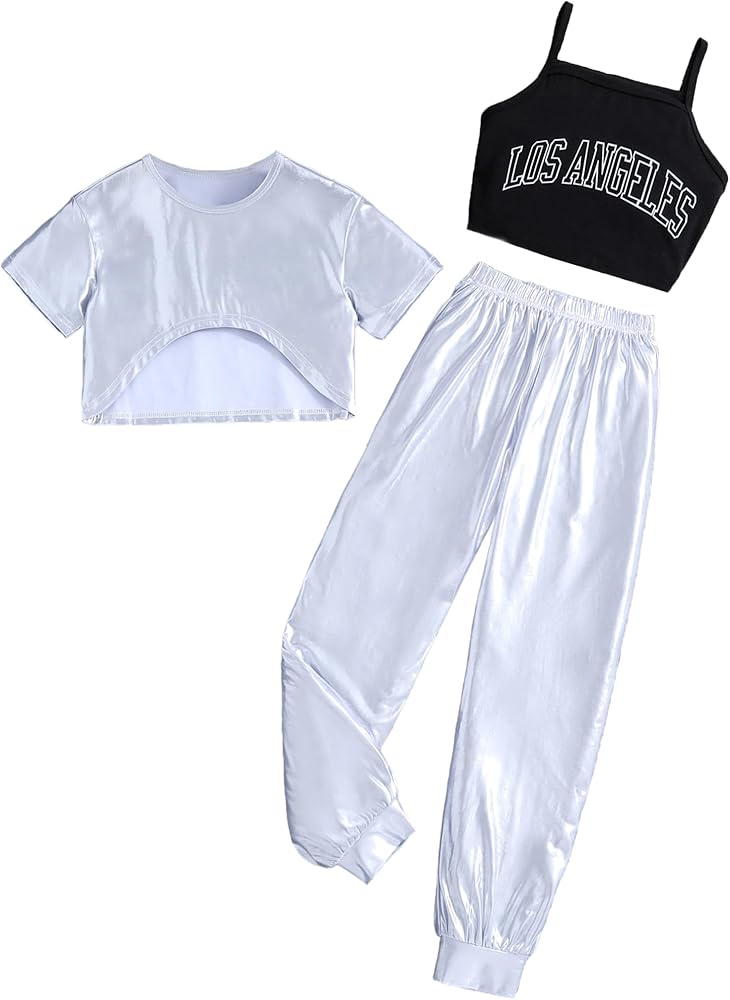 Hilinker Girls Metallic 3 Piece Summer Outfits Crop Tee and Graphic Cami with Pants Set