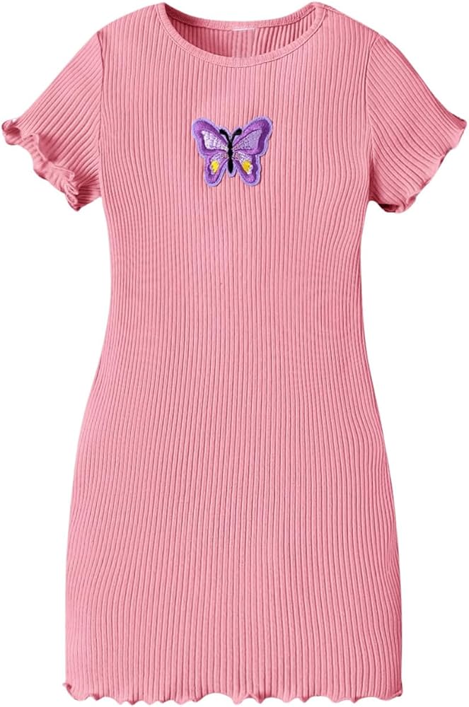 Girl's Short Sleeve Butterfly Embroidery Short Dress Slim Fit Ribbed Knit Bodycon Pencil Dresses