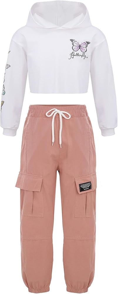 JEATHA Kids Girls Hip Hop Dance Outfits 2-Piece Long Sleeve Cropped Hoodie Sweatshirt with Pants Set