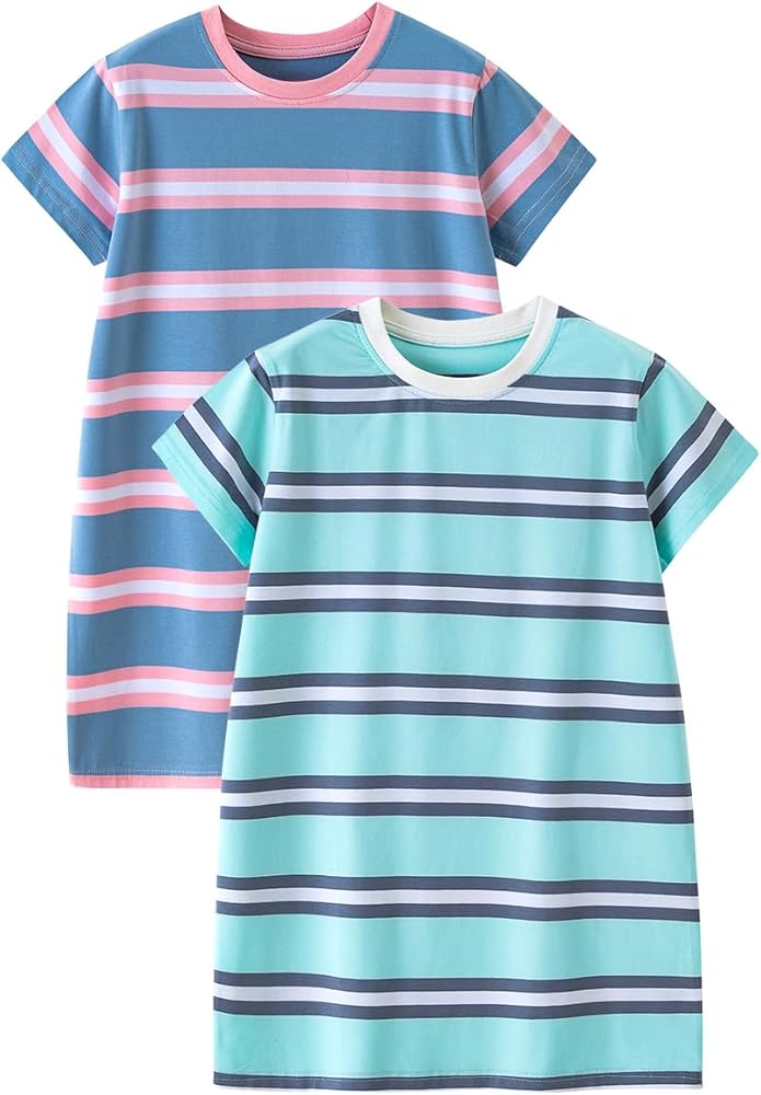 Girls' Casual Dress，Cotton Vibrant Stripes Summer Dresses 5-12Years