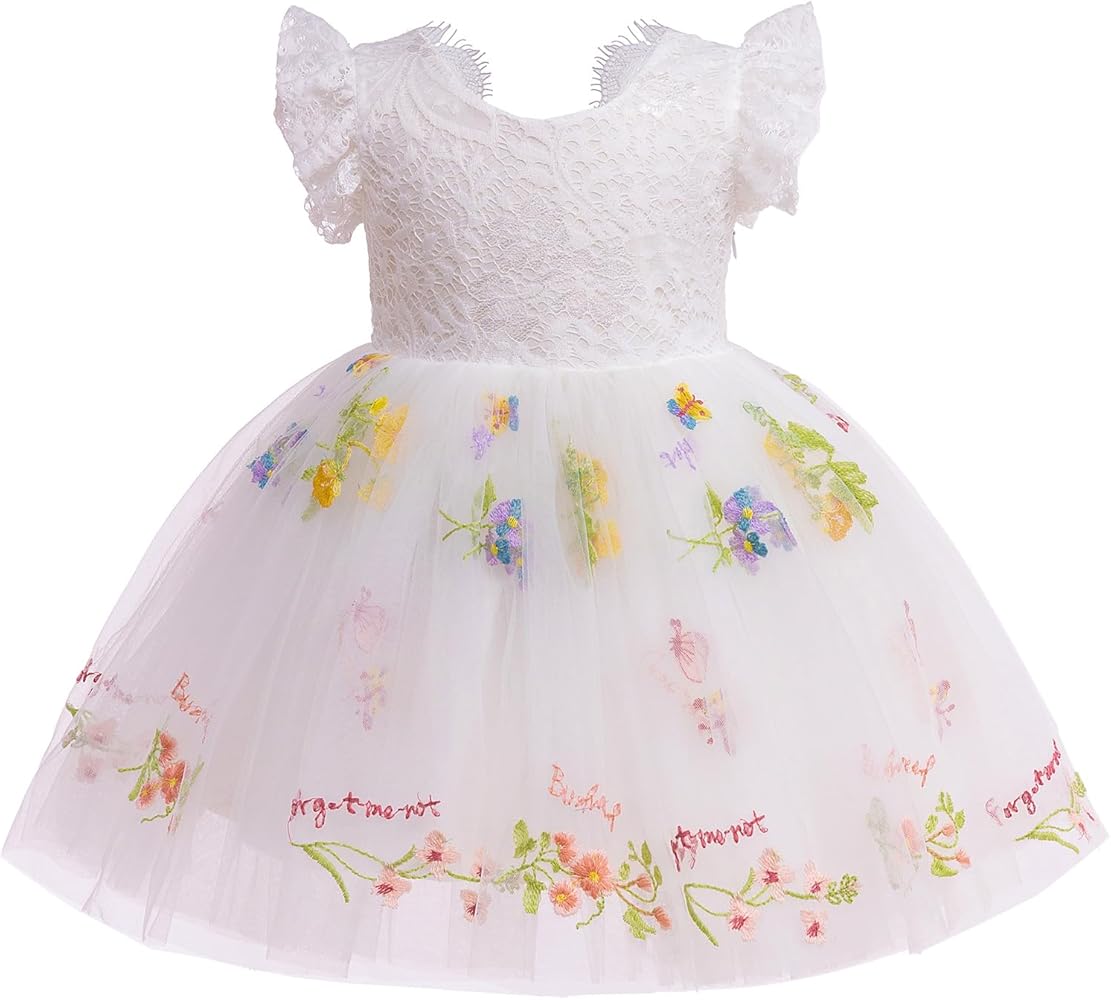 OBEEII Flower Girl Dress Toddler Baby Lace Floral Embroidery Tulle Dress Pageant Birthday Party Dress