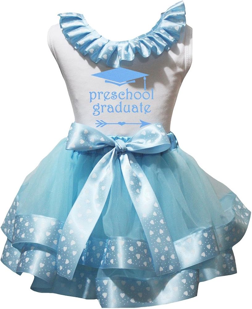 Petitebella Preschool Graduate White Shirt Light Blue Hearts Petal Skirt Nb-8y