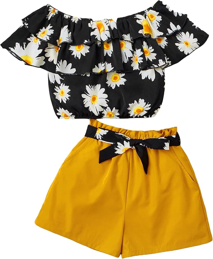 OYOANGLE Girl's Two Piece Outfits Floral Print Off Shoulder Blouse Top and Belted Pocket Shorts Set