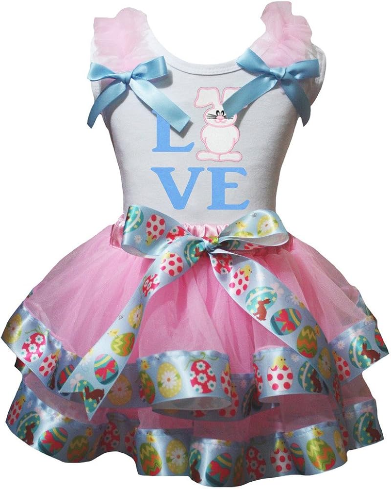 Petitebella Love Bunny White Shirt Pink Rabbits Ribbon Petal Skirt Outfit Nb-8y