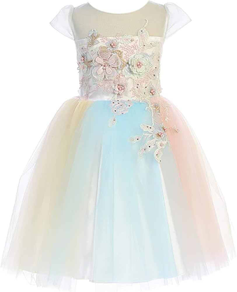 Little Girl Cap Sleeve Floral Tulle Princess Wedding Junior Flower Girl Dress