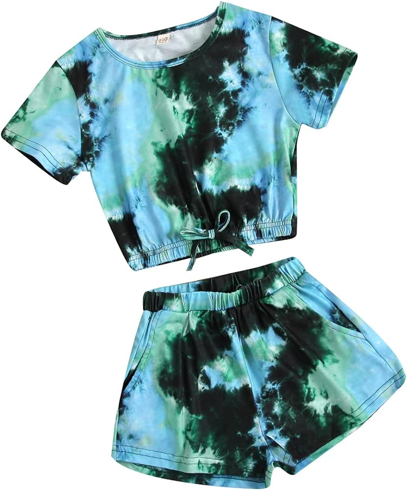 Girls Summer Tie-Dye Outfits Elastic Drawstring T-Shirt Crop Top and Elastic Waist Shorts Set with Side Pockets