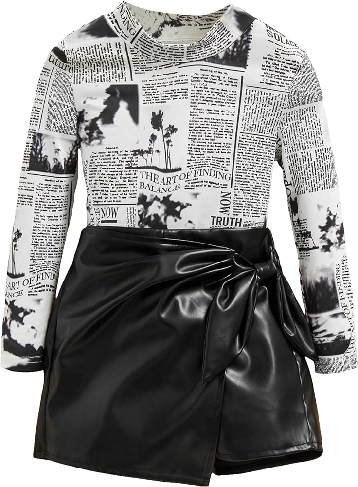 WDIRARA Girl's 2 Piece Outfit Newspaper Print Stand Collar Neck Tee & Knot Side Pu Leather Skort