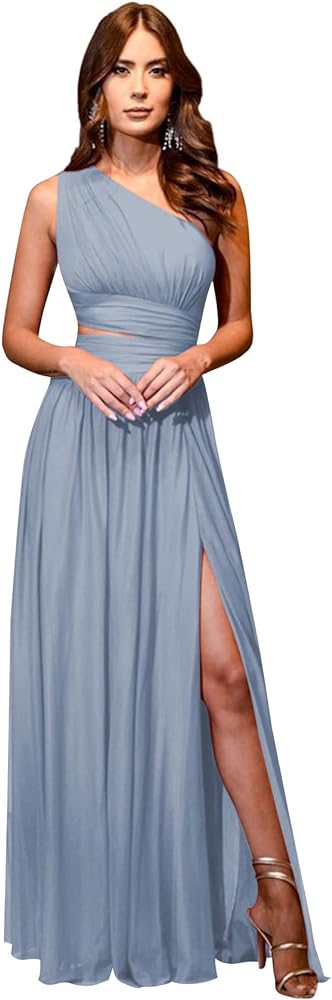 One Shoulder Bridesmaid Dresses for Wedding 2024 Chiffon High Slit Long Formal Prom Dress with Pockets