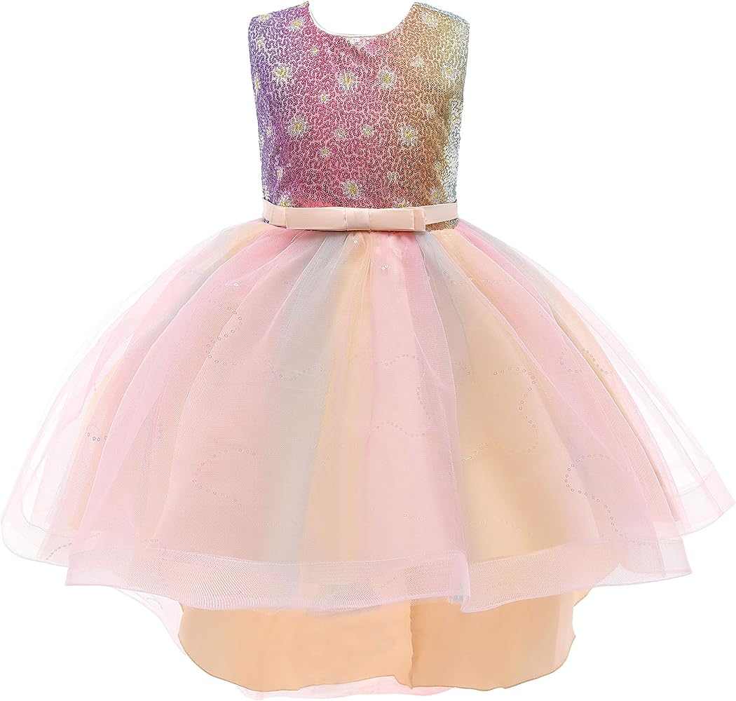 Glamulice Flower Girl Sequence Sequin Rainbow Tulle Dress High-Low Wedding Party Bridesmaid Birthday Pageant Dresses