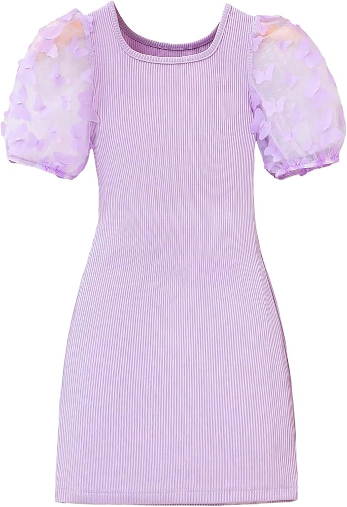 WDIRARA Girl's Contrast Mesh Appliques Rib Knit Round Neck Short Puff Sleeve Midi Dress