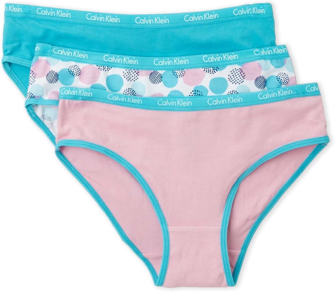 Calvin Klein Girls' 3 Pack Chrome Fashion Bikini Briefs, (Blue (37D37030-99) / Pink/Circles, Small)