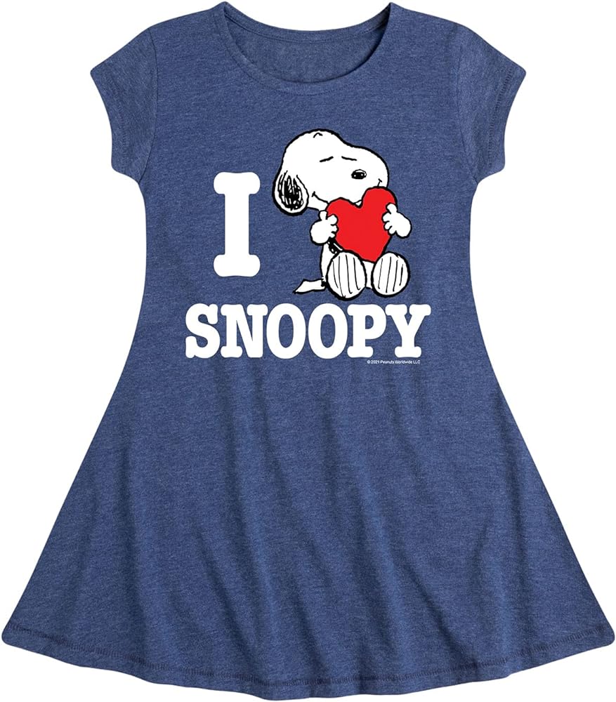 Peanuts Hybrid Apparel I Love Snoopy - Girls Fit and Flare Cap Sleeve Dress - Size 5T Heather Navy