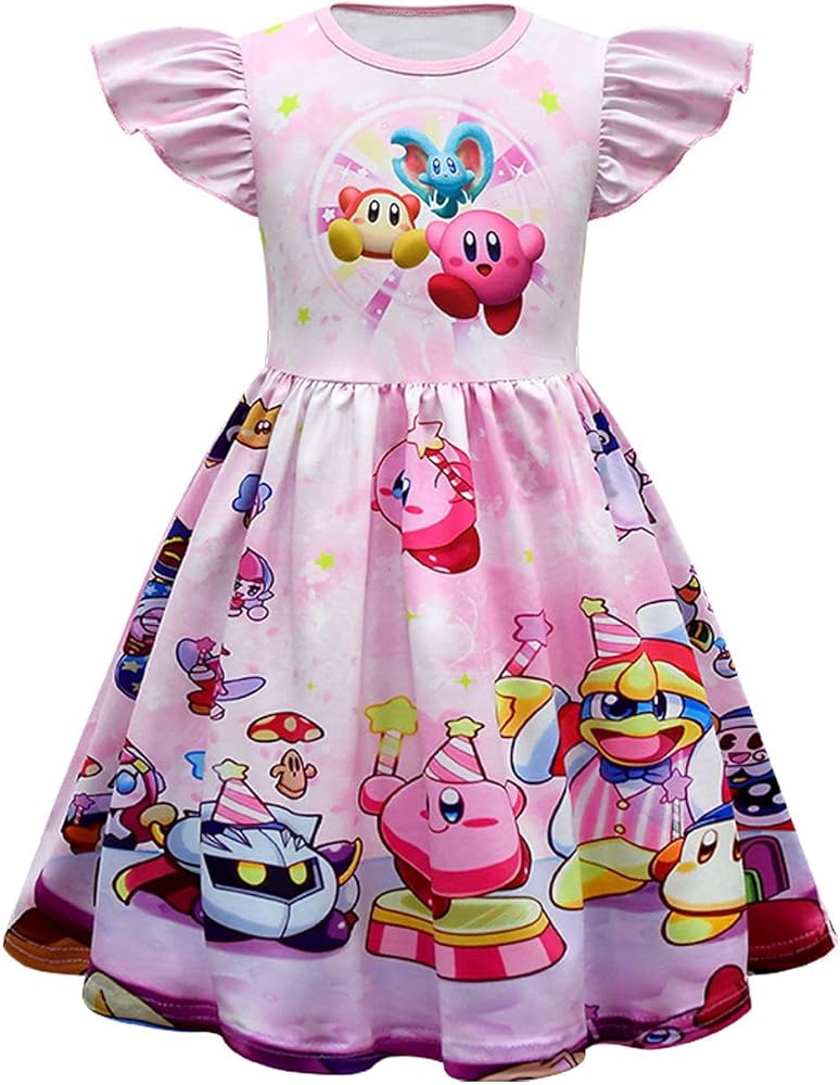 Girls Flutter Sleeve Graphic Dress Crew Neck Cartoon Print Dress Party Outfit Birthday Gift 3-8 Years