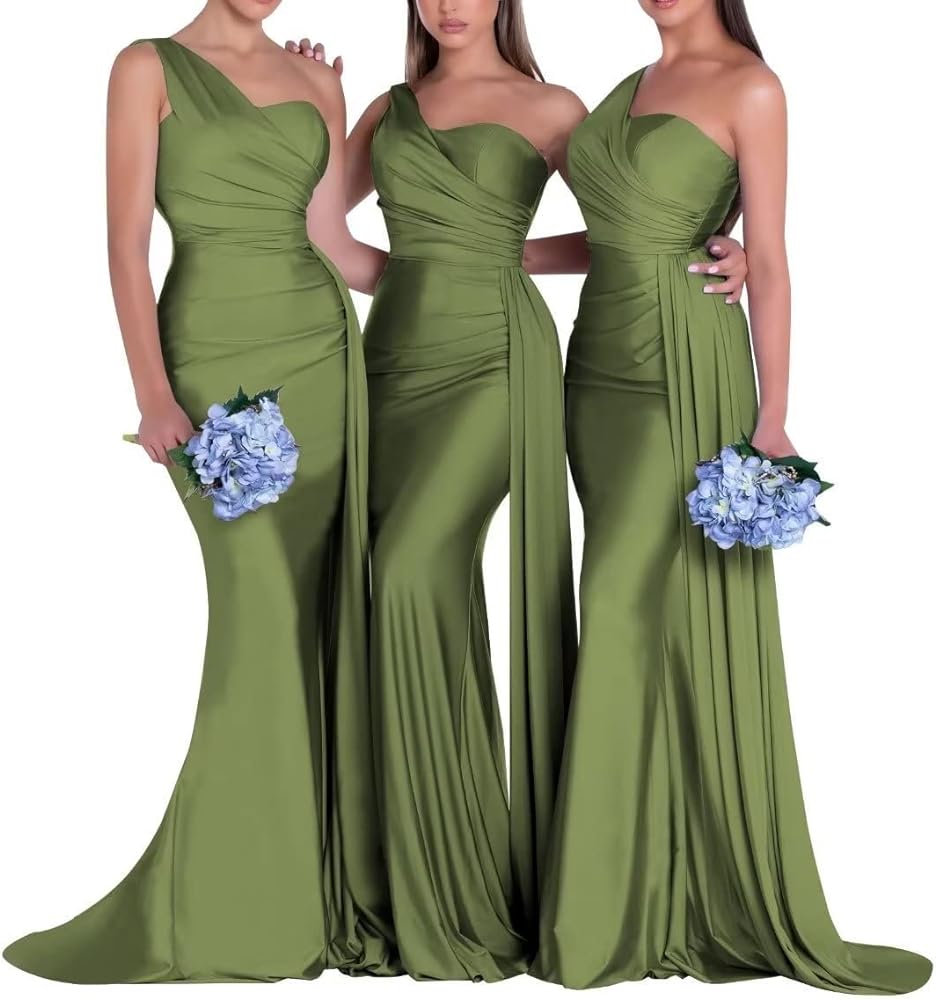 Satin Bridesmaid Dresses for Women Long Ruched Formal Dresses One Shoulder Prom Dresses KM334