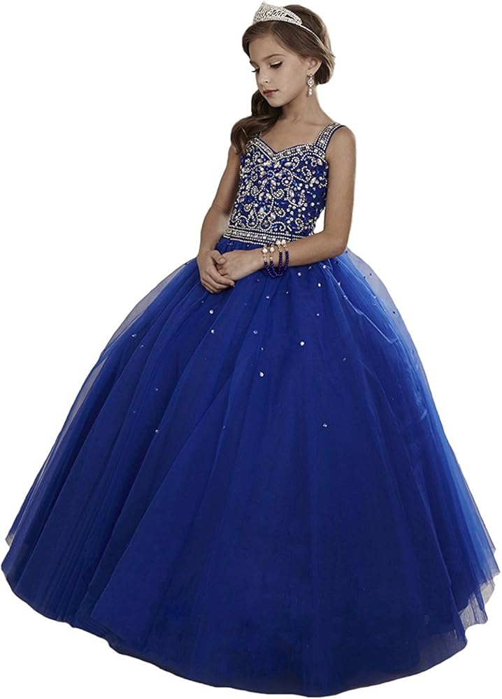 WZY Girls Illusion Rhinestone Beading Ruffled Christmas Ball Gown Princess Pageant Dress (16, Royal Blue-1)